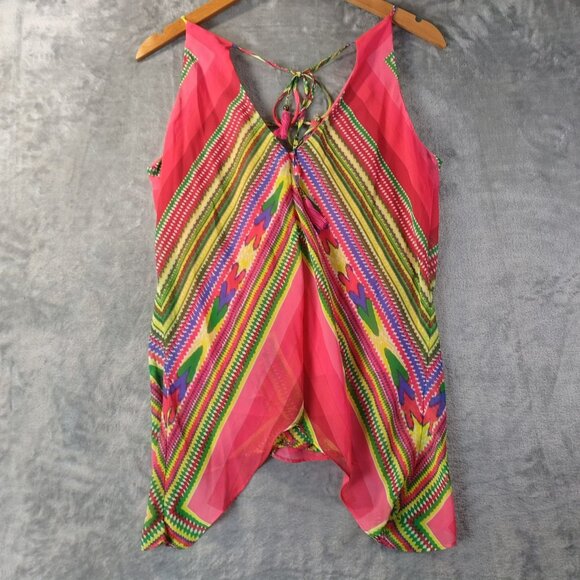 Rampage Womens Top M Pink Tribal Print Tassel Hem Sheer Festival Y2K Boho Layers - Picture 3 of 12